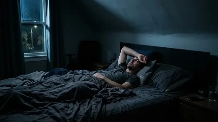 A person lying awake in bed at night, unable to fall back asleep