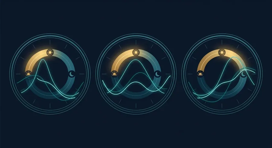 Your circadian rhythm read across the night — from evening wind-down to morning rise