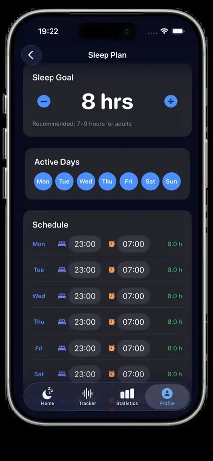 Weekly sleep plan from Monday to Sunday